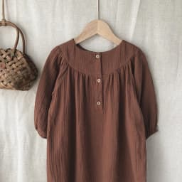 French Round Neck Pleated Cotton Crepe Muslin Dress Girls 2026 Autumn New Casual Loose Retro Brown Children's Dresses