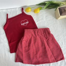 Summer Kids Boutique Clothes Baby Girls Cute Red Heart Embroidery Suspenders + Plaid Skirt 2 Piece Sets Kawaii Outfit Set 2-8y