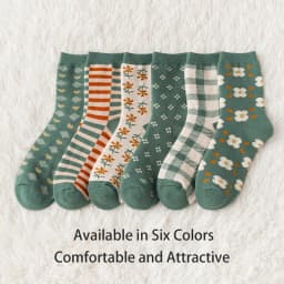 6 Pairs of Women's Autumn and Winter Cartoon Cute Flower Checkered Striped Sweet College Style Thick and Warm Looped Socks