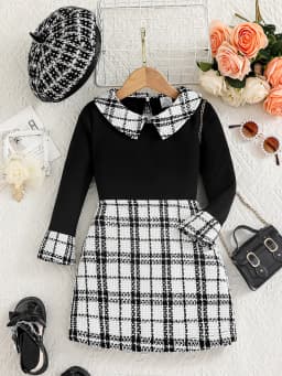Spring and Autumn Hot Kids' Set, Girls' Fashion Collar, Plaid Long Sleeve Top, Plaid Bag Hip Skirt, 2-piece Set