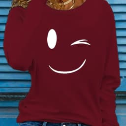 100 Cotton Women's Smile Printed T-Shirt Long Sleeve Round Neck Casual Top Spring and Autumn 100 Cotton