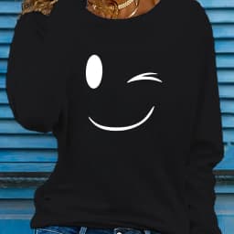 100 Cotton Women's Smile Printed T-Shirt Long Sleeve Round Neck Casual Top Spring and Autumn 100 Cotton