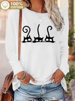 100 Cotton Women's Smile Printed T-Shirt Long Sleeve Round Neck Casual Top Spring and Autumn 100 Cotton