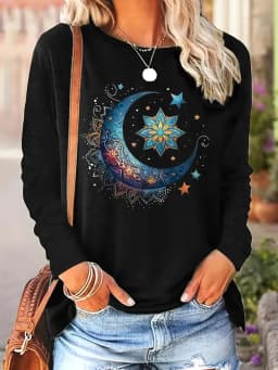 100 Cotton Women's Smile Printed T-Shirt Long Sleeve Round Neck Casual Top Spring and Autumn 100 Cotton