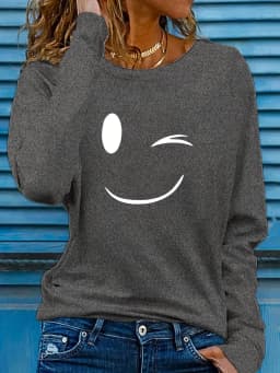 100 Cotton Women's Smile Printed T-Shirt Long Sleeve Round Neck Casual Top Spring and Autumn 100 Cotton