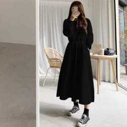Autumn Winter Casual Women Hooded Cotton Long Dress Long Sleeved Pullover Solid Hoodie Shirring A-Line Floor-Length Rib Dresses