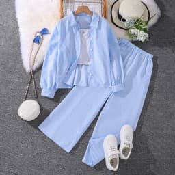 Children's Spring Autumn 4-12 Years Old Girls Yellow Striped Long Sleeve Top Yellow Striped Pants Suit Classic Simple Refreshing