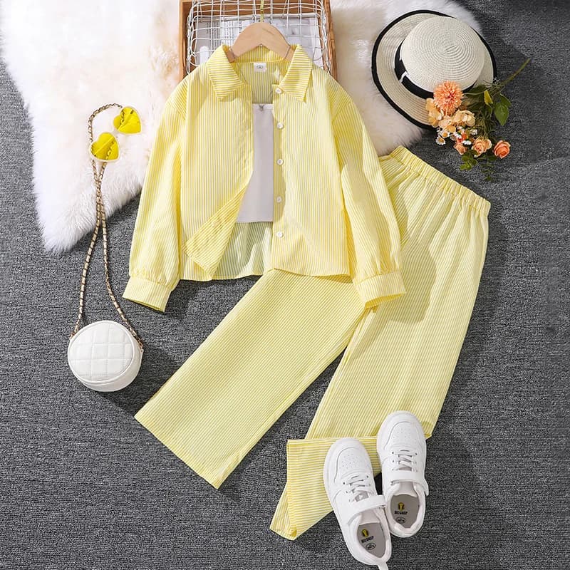 Children's Spring Autumn 4-12 Years Old Girls Yellow Striped Long Sleeve Top Yellow Striped Pants Suit Classic Simple Refreshing