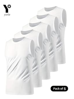 Men's Sports Vest White 5-Piece Breathable Round Neck Slightly Elastic Fabric Pure Color Suitable for Spring, Summer and Autumn R