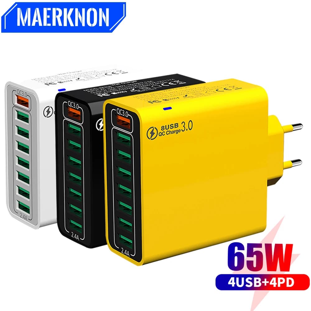 Total 65W 8 In 1 USB Charger Fast Charge Phone Charger Wall Adapter For iPhone Samsung Xiaomi Multi Port EU/US Plug Wall Charger