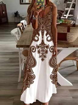 2024 Cross border New Flower Printed V-neck Strap Dress with Exotic Bohemian Vacation Style Elegant Long Style