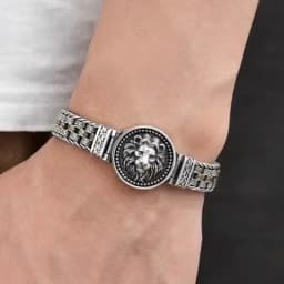New Silver Color Round Lion King Tangcao Charm Bracelet Men's Trendy Retro Domineering Versatile Personalized Braided Jewelry