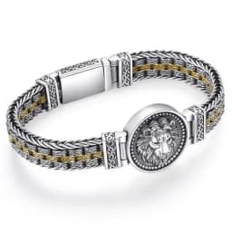 New Silver Color Round Lion King Tangcao Charm Bracelet Men's Trendy Retro Domineering Versatile Personalized Braided Jewelry