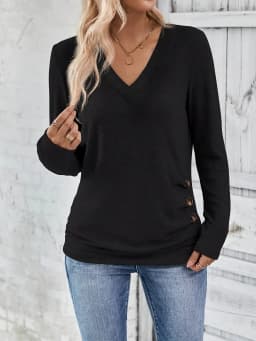 Plus Size Button Decor Ruched T-Shirt, Casual V Neck Long Sleeve Top For Spring & Fall Women's Plus Size Clothing