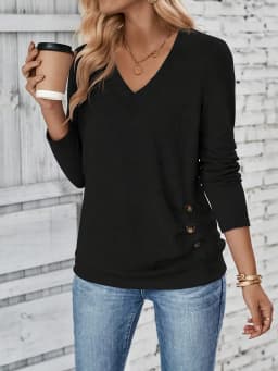 Plus Size Button Decor Ruched T-Shirt, Casual V Neck Long Sleeve Top For Spring & Fall Women's Plus Size Clothing