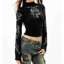 Grunge Women T-Shirt Y2k Aesthetics Half high neck Tees Graphical Print  Long Sleeve Sheer Tops Punk Alternative Crop Tops EMO