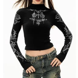 Grunge Women T-Shirt Y2k Aesthetics Half high neck Tees Graphical Print  Long Sleeve Sheer Tops Punk Alternative Crop Tops EMO