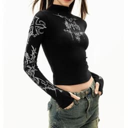 Grunge Women T-Shirt Y2k Aesthetics Half high neck Tees Graphical Print  Long Sleeve Sheer Tops Punk Alternative Crop Tops EMO
