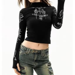 Grunge Women T-Shirt Y2k Aesthetics Half high neck Tees Graphical Print  Long Sleeve Sheer Tops Punk Alternative Crop Tops EMO
