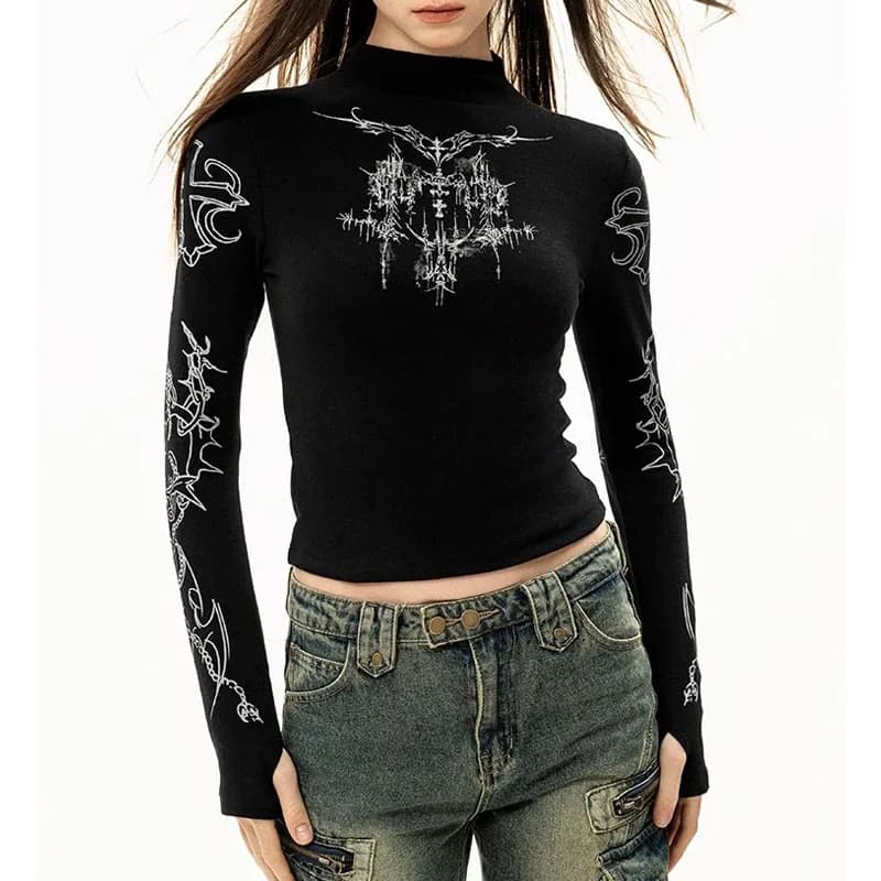 Grunge Women T-Shirt Y2k Aesthetics Half high neck Tees Graphical Print  Long Sleeve Sheer Tops Punk Alternative Crop Tops EMO