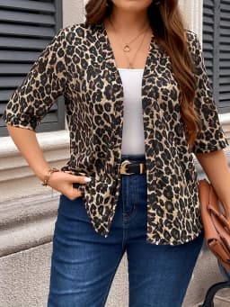 Plus Size Leopard Print Open Front Top 3/4 Sleeve Elegant Top For Spring & Fall Women's Plus Size Clothing