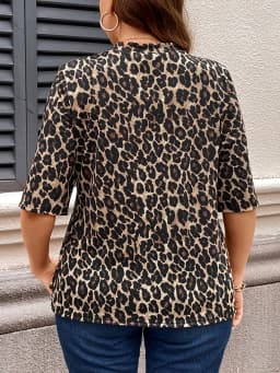 Plus Size Leopard Print Open Front Top 3/4 Sleeve Elegant Top For Spring & Fall Women's Plus Size Clothing