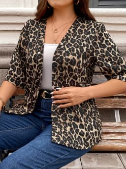 Plus Size Leopard Print Open Front Top 3/4 Sleeve Elegant Top For Spring & Fall Women's Plus Size Clothing