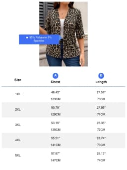 Plus Size Leopard Print Open Front Top 3/4 Sleeve Elegant Top For Spring & Fall Women's Plus Size Clothing