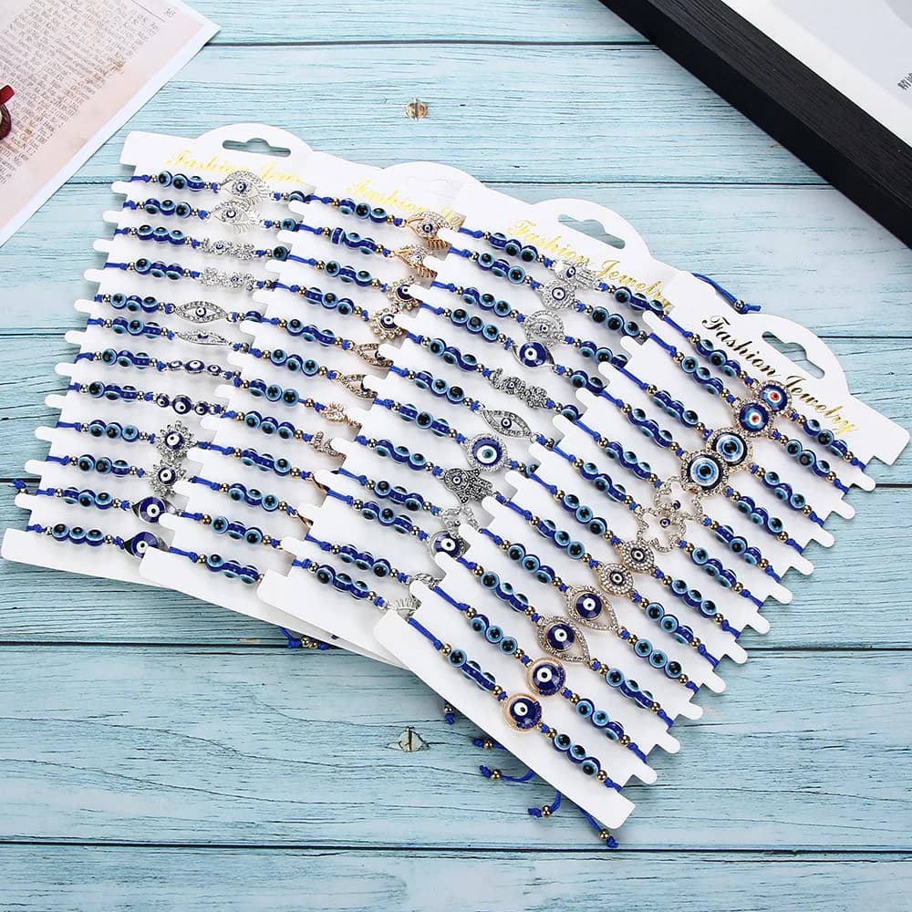 12Pcs/card Fashion Simple Retro Geometric Sapphire Blue Beaded Devil's Eye Series Hand-Woven Bracelet Women
