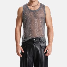 Men's Hollow Out Mesh Tank Tops Fashion Vests Tassel Sleeveless Streetwear Heavy Craft Perspective Sexy Performance Nightclub