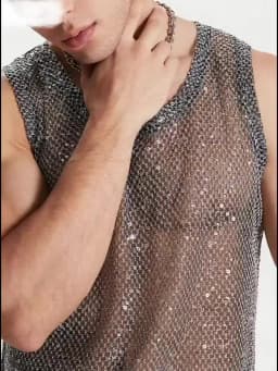 Men's Hollow Out Mesh Tank Tops Fashion Vests Tassel Sleeveless Streetwear Heavy Craft Perspective Sexy Performance Nightclub
