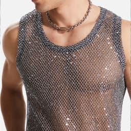 Men's Hollow Out Mesh Tank Tops Fashion Vests Tassel Sleeveless Streetwear Heavy Craft Perspective Sexy Performance Nightclub