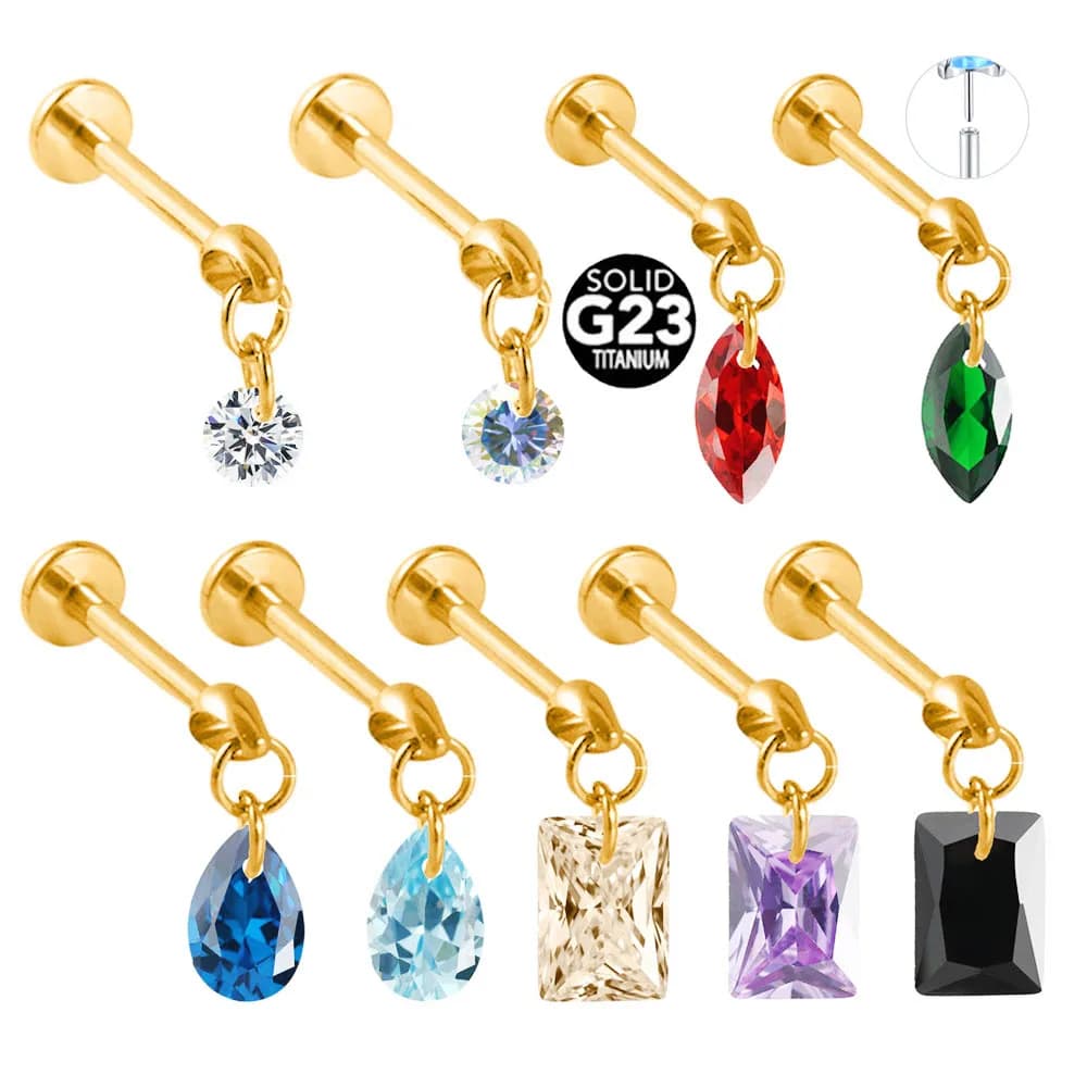 ASTM F136 G23 Titanium Bullet Head Threadless CZ Drop Pendant Pin Push in Lip Stud Drop Daith Conch Earring 16G 18G 20G