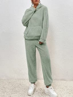 Autumn Winter Fashion Women Casual Hooded Sweatshirt Leg Pants 2 Piece Set Warm Furry Plush Trousers Suit Female Outfit
