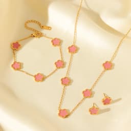 GANEMLY Stainless Steel Pink Plant Flower Necklace Earrings Bracelet With Five Leaf Petals Women's Luxury Gifts Clover Jewelry
