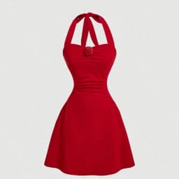 Red Rose Pure Desire Wind Waist Sleeveless Bow Hanging Neck Strap Naked Back Sexy Slimming and Slimming Solid Color Dress