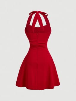 Red Rose Pure Desire Wind Waist Sleeveless Bow Hanging Neck Strap Naked Back Sexy Slimming and Slimming Solid Color Dress