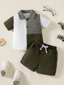1-6 Year Children Boys' Flip collar Color Blocked Pit Stripe Top+Shorts Fashion 2Pcs /set Sunny Handsome Boys' Summer Set