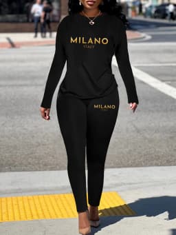 Women's Sports Outfit Set, Plus Size MILANO Print LONG Sleeve T-shirt Top & Medium Stretch Comfy Pants Fitness Outfit