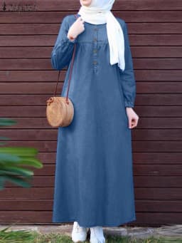 2024 ZANZEA Women Muslim Dresses Vintage Abaya Hijab Dress Jilbab Islamic Clothing Fashion Long Sleeve Denim Blue Maxi Sundress