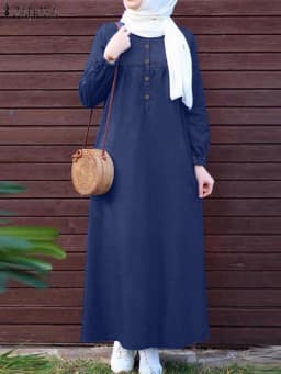 2024 ZANZEA Women Muslim Dresses Vintage Abaya Hijab Dress Jilbab Islamic Clothing Fashion Long Sleeve Denim Blue Maxi Sundress