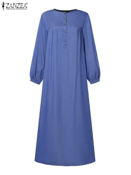 2024 ZANZEA Women Muslim Dresses Vintage Abaya Hijab Dress Jilbab Islamic Clothing Fashion Long Sleeve Denim Blue Maxi Sundress