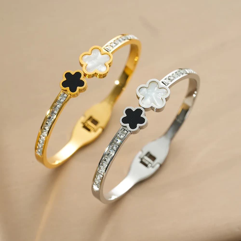 Stainless Steel Fashion Shell Flower Bangles for Women Trendy Shiny Zircon Can Open Bracelets Hand Accessories Gifts for Friends