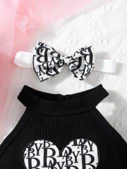 Newborn Summer Cute Casual Lmitation Brand Printed Neck Strap Sleeveless Top And Double Lace Bow Triangle Pants Set