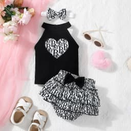 Newborn Summer Cute Casual Lmitation Brand Printed Neck Strap Sleeveless Top And Double Lace Bow Triangle Pants Set