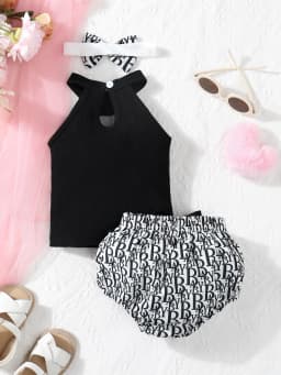 Newborn Summer Cute Casual Lmitation Brand Printed Neck Strap Sleeveless Top And Double Lace Bow Triangle Pants Set