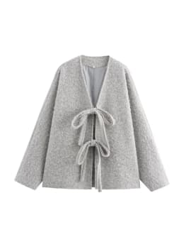 2024 Autumn WinterVintage Casual Chic Women Jackets Solid V-Neck Long Sleeve Lace-up Loose Thick Coats Fashion Outwears