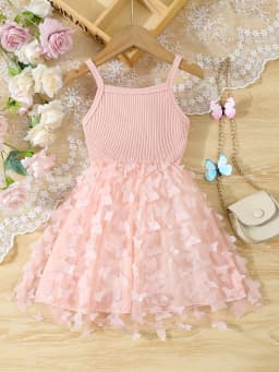 Summer Toddler Kids Girl's Clothes Baby's Butterfly Decor Mesh Splicing Cami Dress Elegant Sleeveless Princess Dress