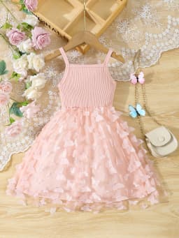 Summer Toddler Kids Girl's Clothes Baby's Butterfly Decor Mesh Splicing Cami Dress Elegant Sleeveless Princess Dress
