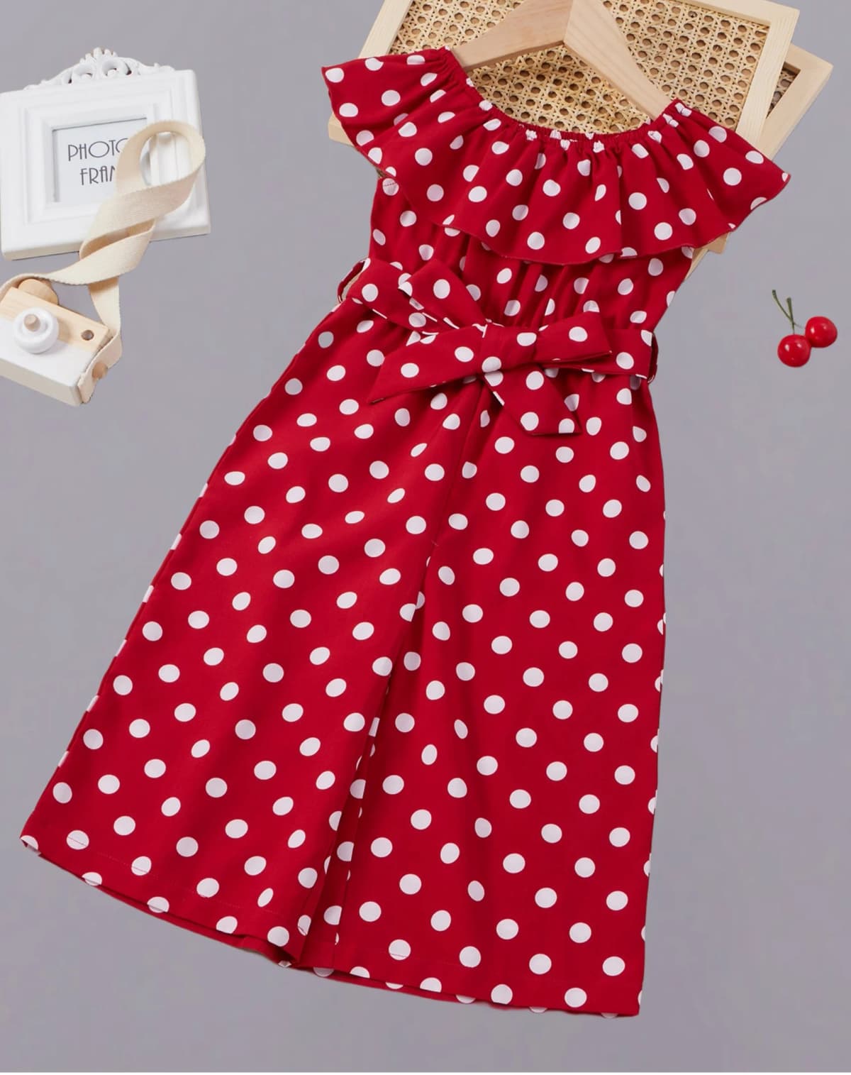 Girls' retro red and white polka dot dress - bow belt design
